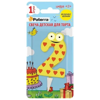 Свеча детская для торта, цифра 2, 1 шт. в упаковке, PATERRA